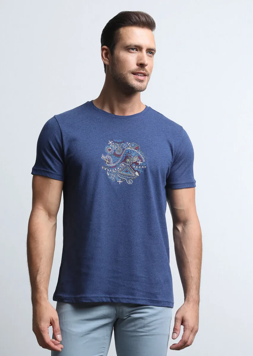 İndigo Düz Pamuk Karışımlı T-Shirt - 3