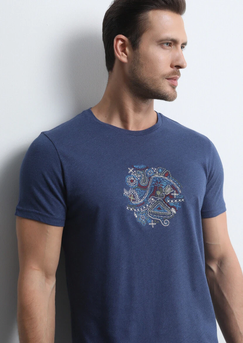 İndigo Düz Pamuk Karışımlı T-Shirt - 4