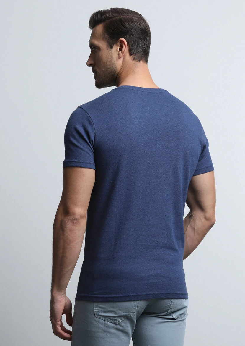 İndigo Düz Pamuk Karışımlı T-Shirt - 5