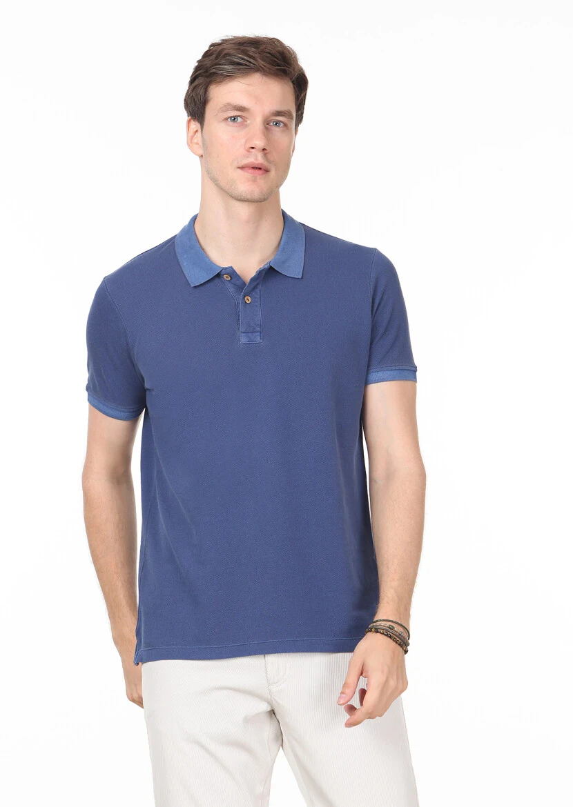 İndigo Düz Polo Yaka %100 Pamuk T-Shirt - 1