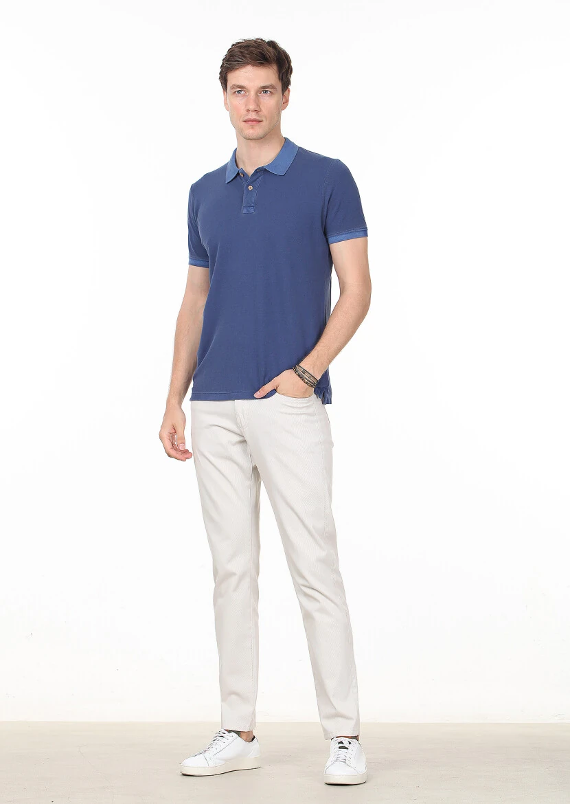 İndigo Düz Polo Yaka %100 Pamuk T-Shirt - 3
