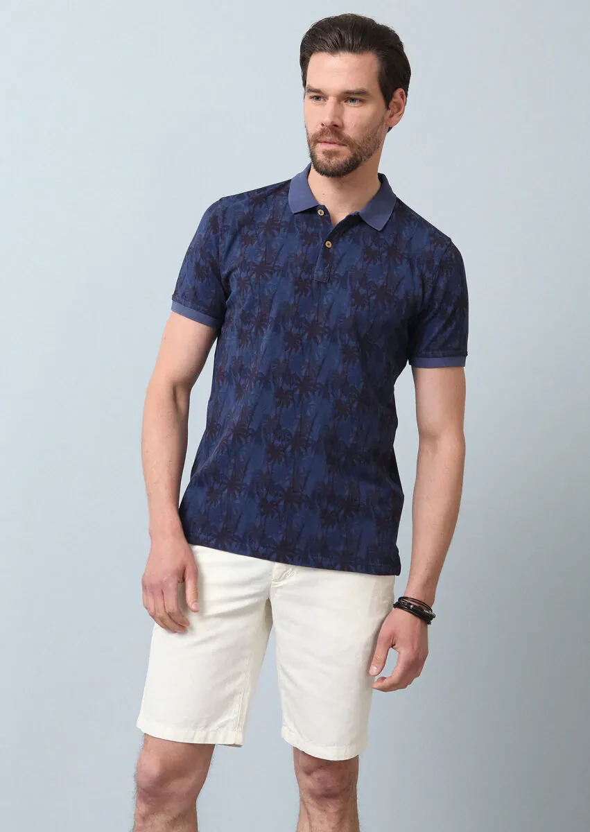 İndigo Düz Polo Yaka %100 Pamuk T-Shirt - 4
