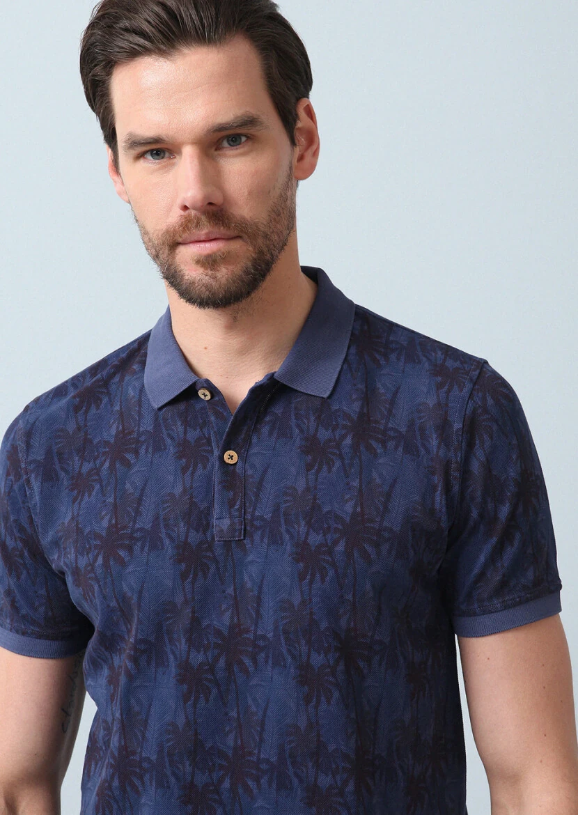 İndigo Düz Polo Yaka %100 Pamuk T-Shirt - 5