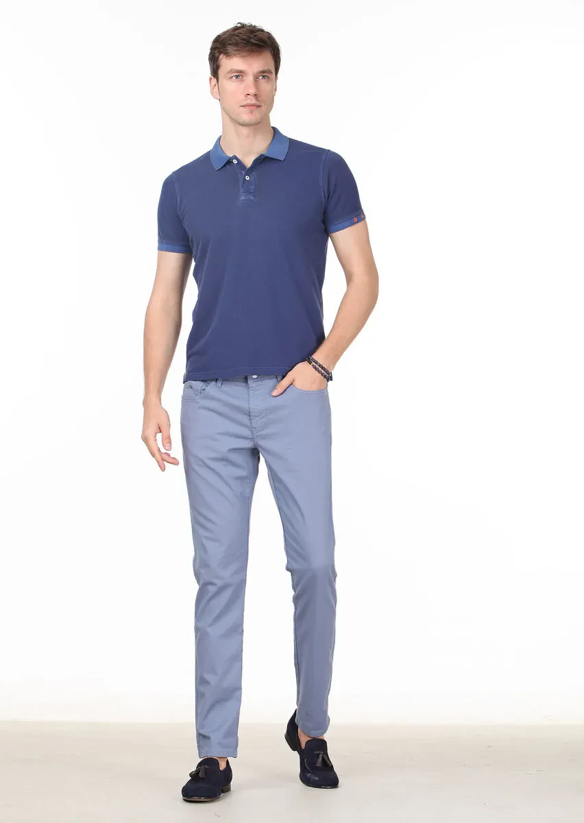 İndigo Düz Polo Yaka %100 Pamuk T-Shirt - 3