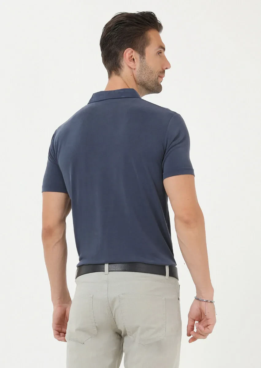İndigo Düz Polo Yaka %100 Pamuk T-Shirt - 4