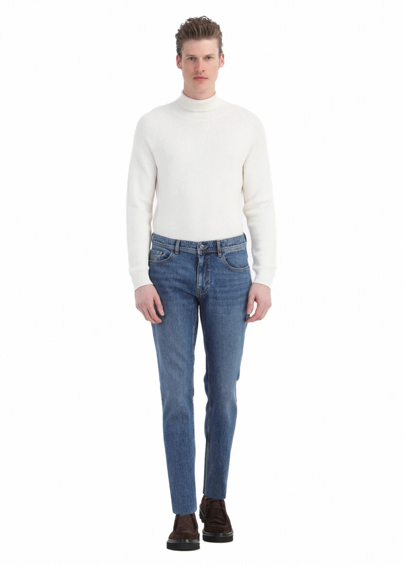 İndigo Düz Regular Fit Denim Pamuk Karışımlı Pantolon - 1