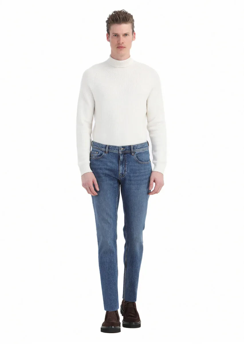 İndigo Düz Regular Fit Denim Pamuk Karışımlı Pantolon - 1