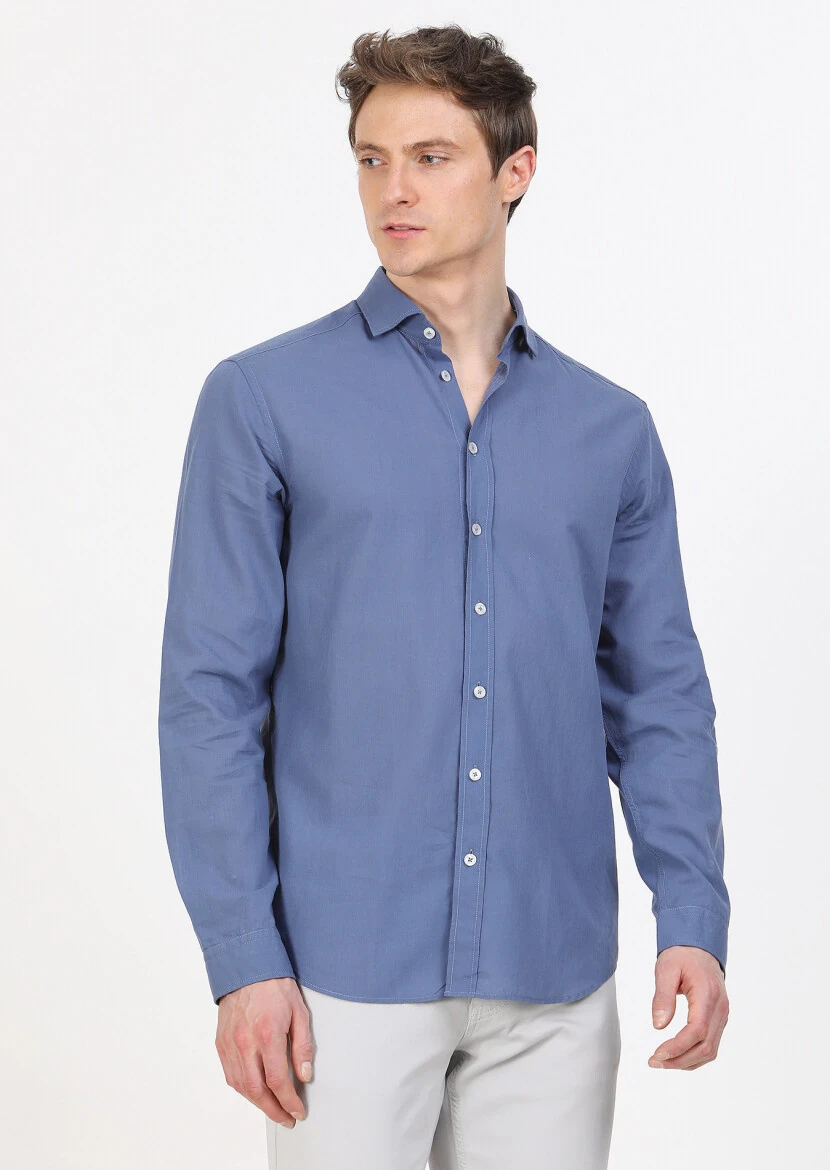 İndigo Düz Regular Fit Dokuma Casual %100 Pamuk Gömlek 