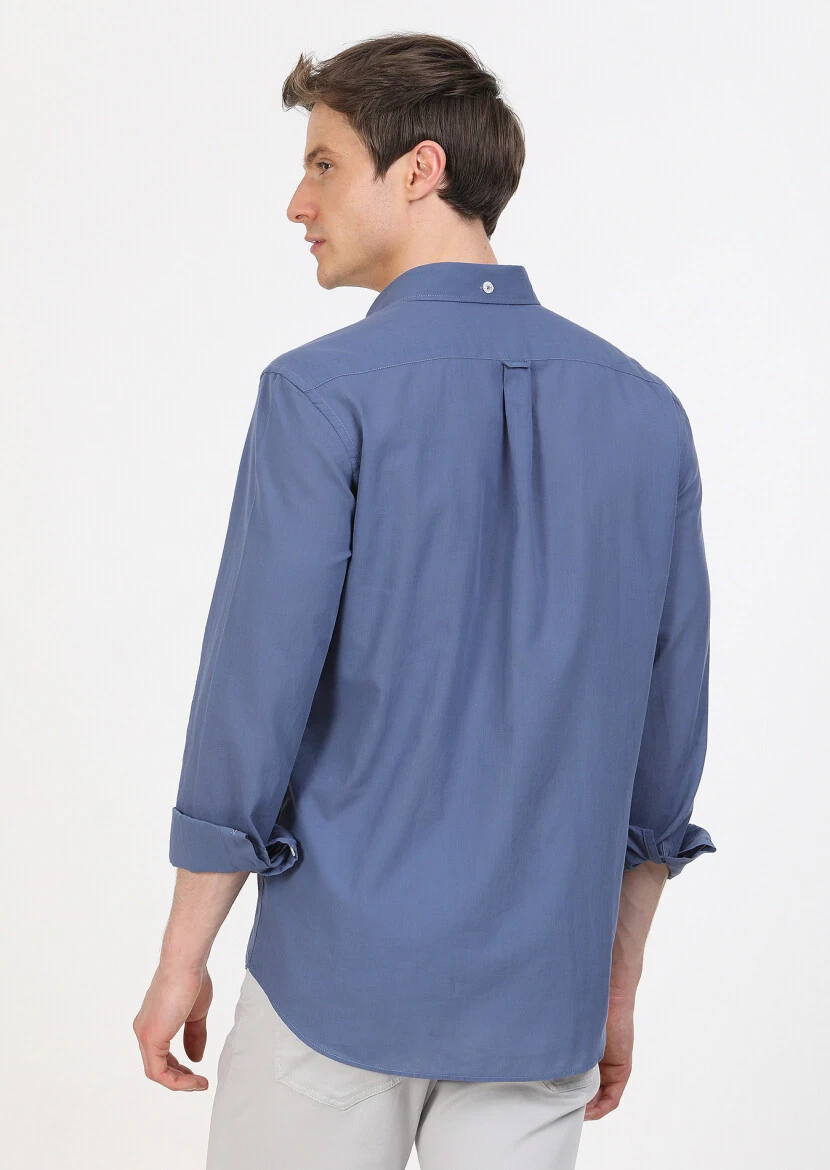 İndigo Düz Regular Fit Dokuma Casual %100 Pamuk Gömlek - 5