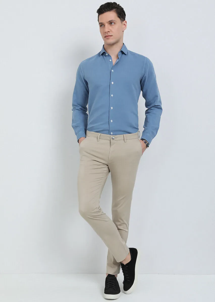 İndigo Düz Regular Fit Dokuma Casual Pamuk Karışımlı Gömlek - 1