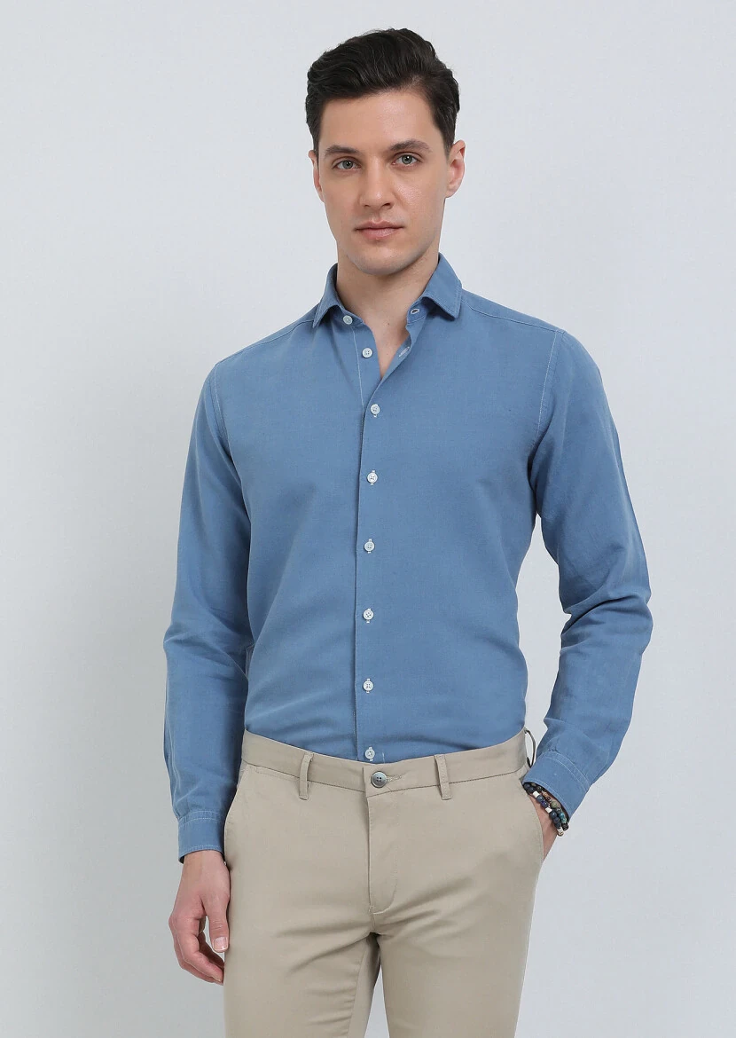 İndigo Düz Regular Fit Dokuma Casual Pamuk Karışımlı Gömlek - 2