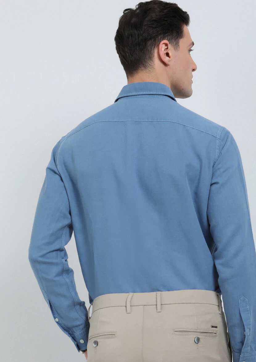 İndigo Düz Regular Fit Dokuma Casual Pamuk Karışımlı Gömlek - 5