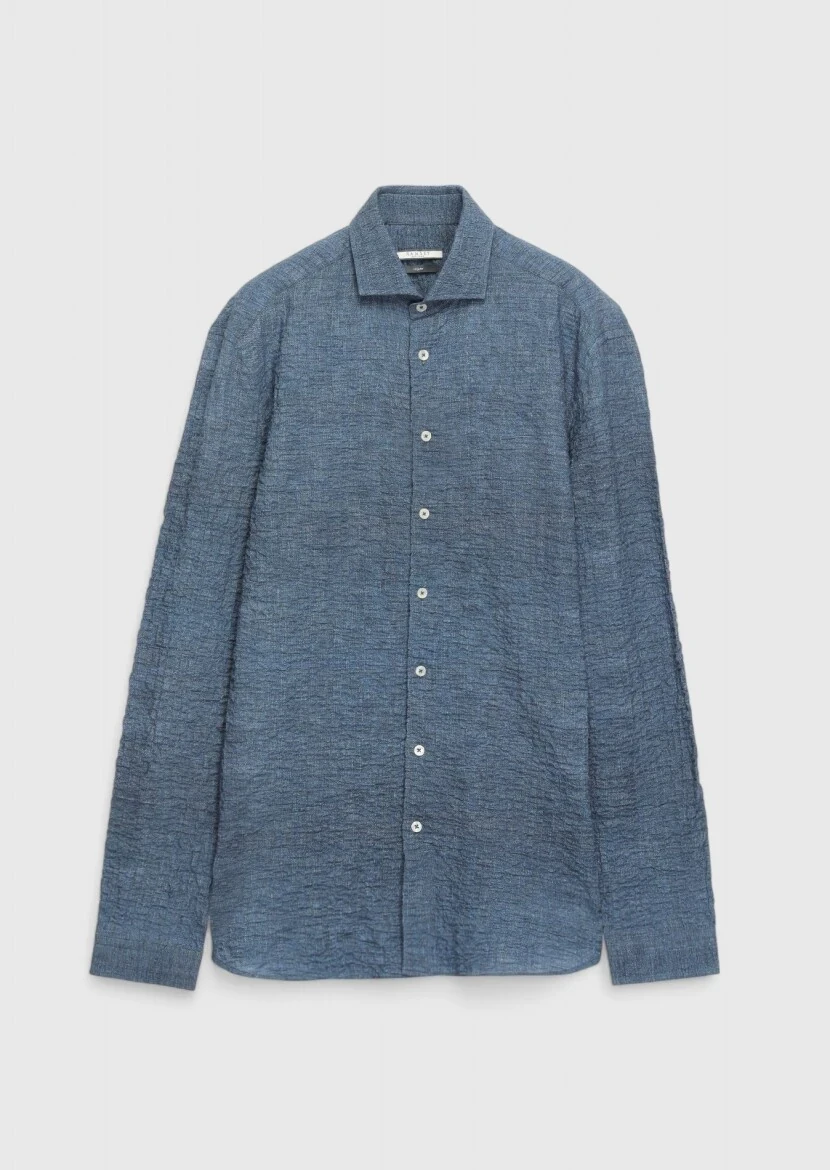 İndigo Düz Regular Fit Dokuma Casual Pamuk Karışımlı Gömlek 