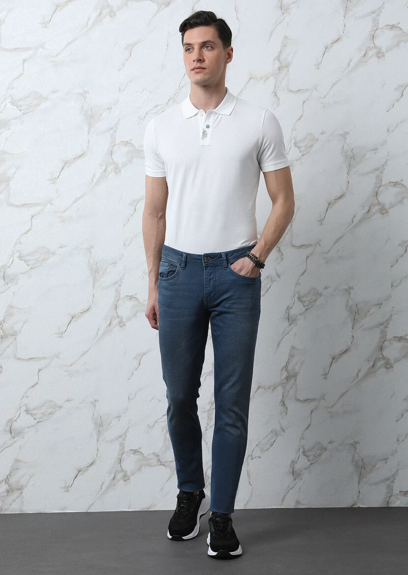 İndigo Düz Slim Fit Denim Pamuk Karışımlı Pantolon - 1