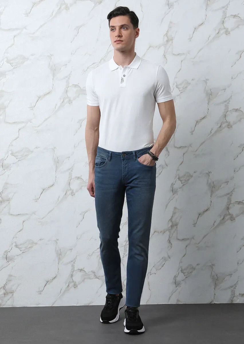 İndigo Düz Slim Fit Denim Pamuk Karışımlı Pantolon - 1