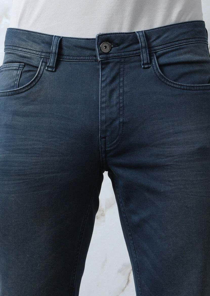 İndigo Düz Slim Fit Denim Pamuk Karışımlı Pantolon - 3