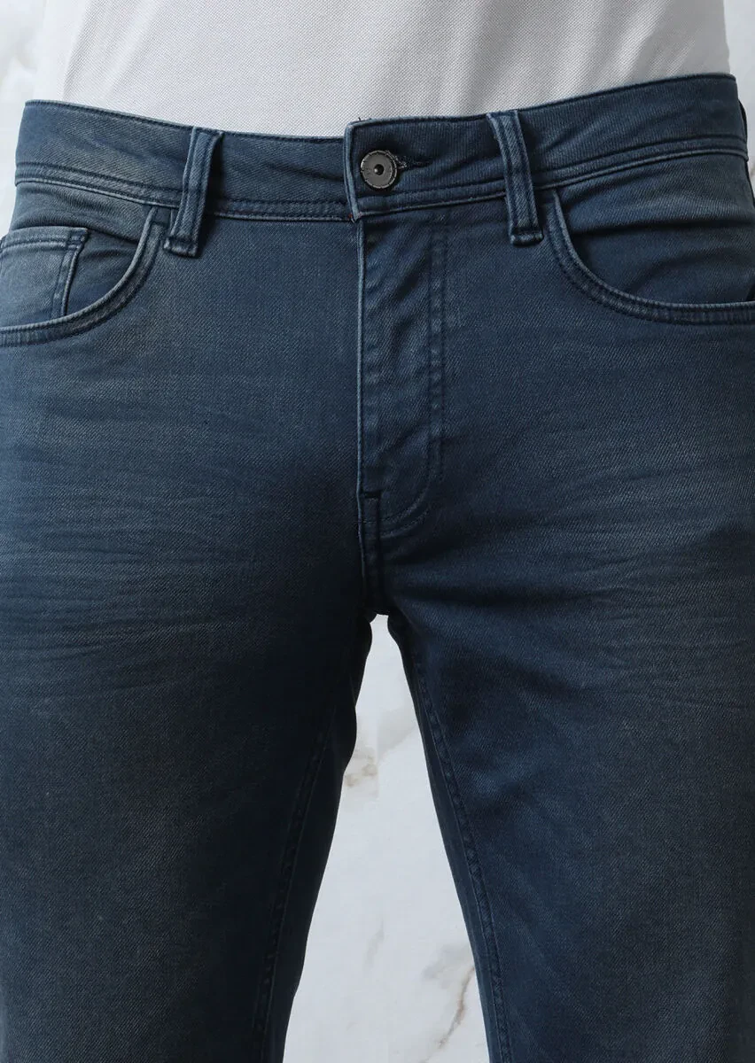 İndigo Düz Slim Fit Denim Pamuk Karışımlı Pantolon - 3