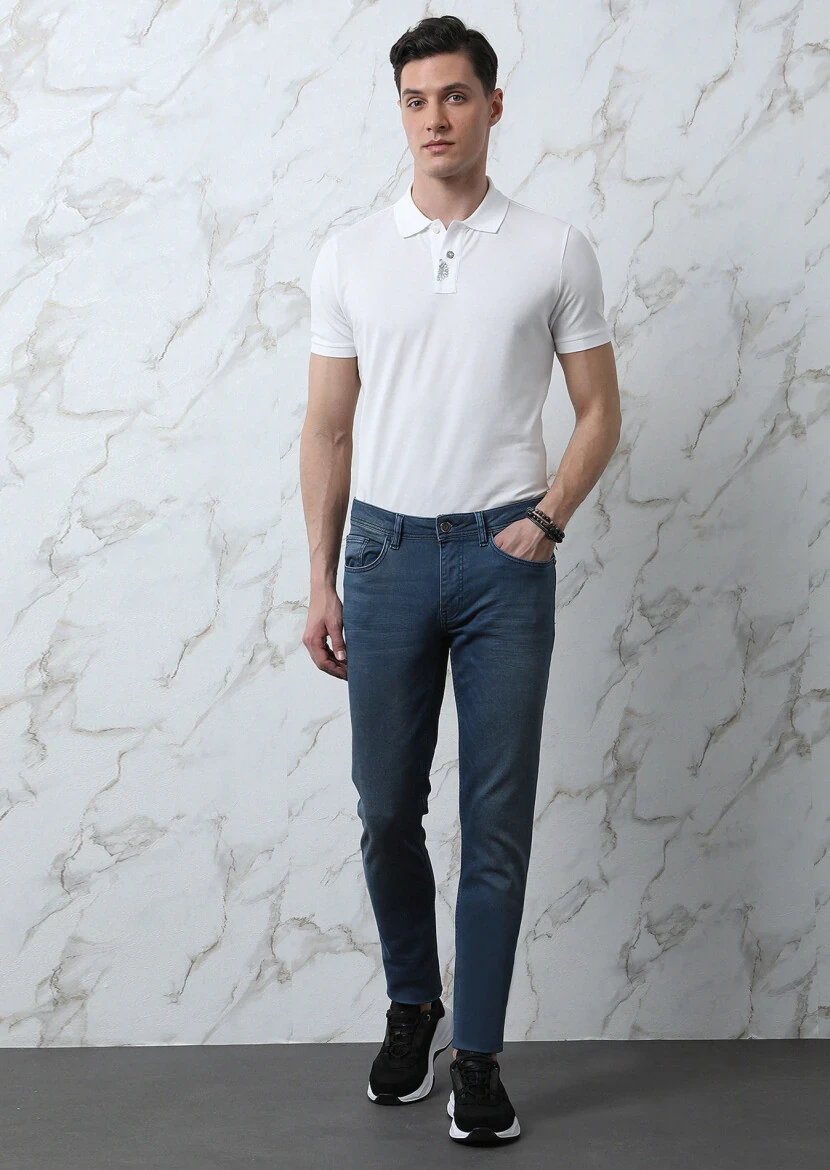 İndigo Düz Slim Fit Denim Pamuk Karışımlı Pantolon - 4