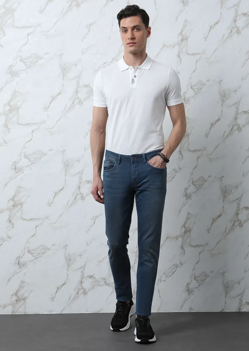 İndigo Düz Slim Fit Denim Pamuk Karışımlı Pantolon - 4