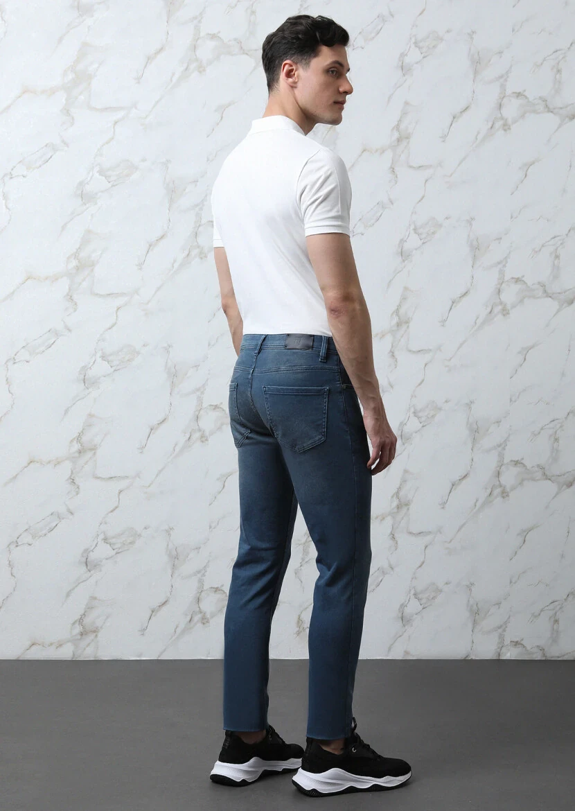 İndigo Düz Slim Fit Denim Pamuk Karışımlı Pantolon - 5