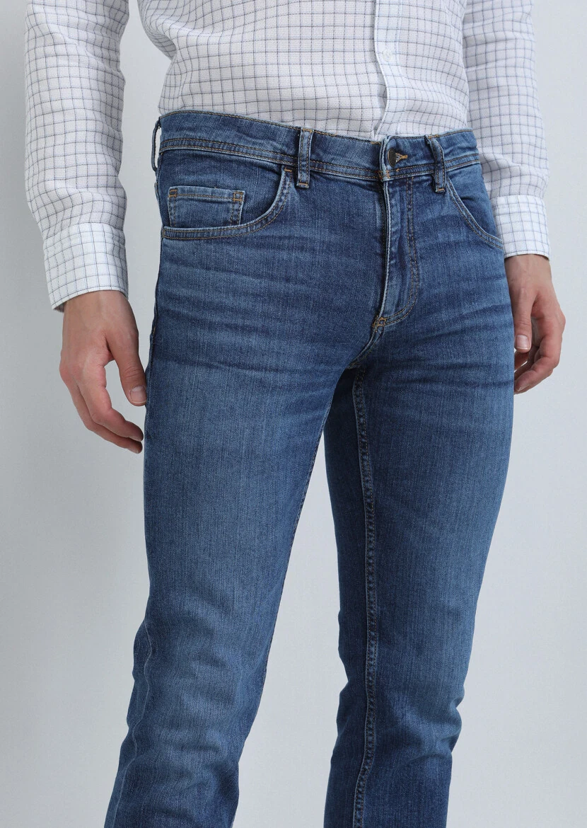 İndigo Düz Slim Fit Denim Pamuk Karışımlı Pantolon - 2
