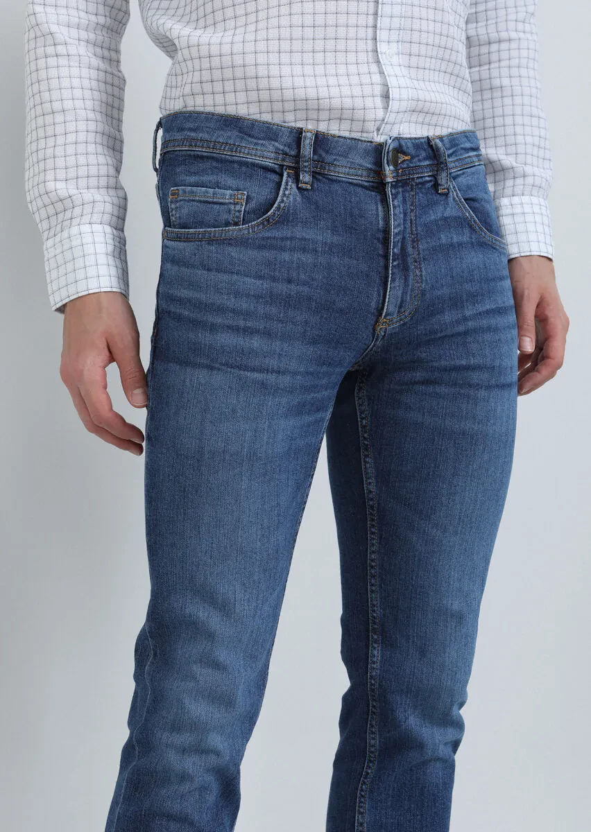 İndigo Düz Slim Fit Denim Pamuk Karışımlı Pantolon - 2