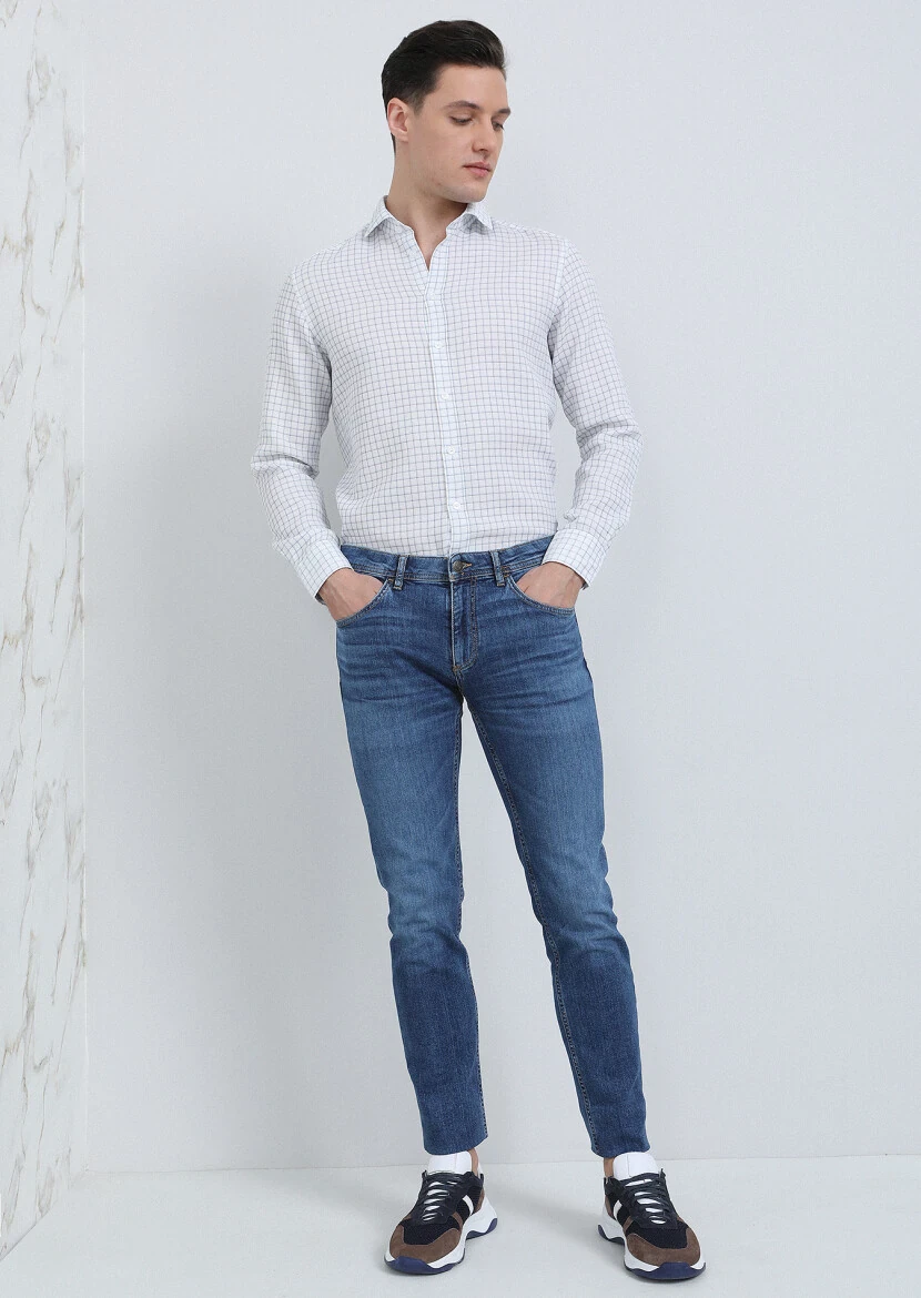 İndigo Düz Slim Fit Denim Pamuk Karışımlı Pantolon - 4