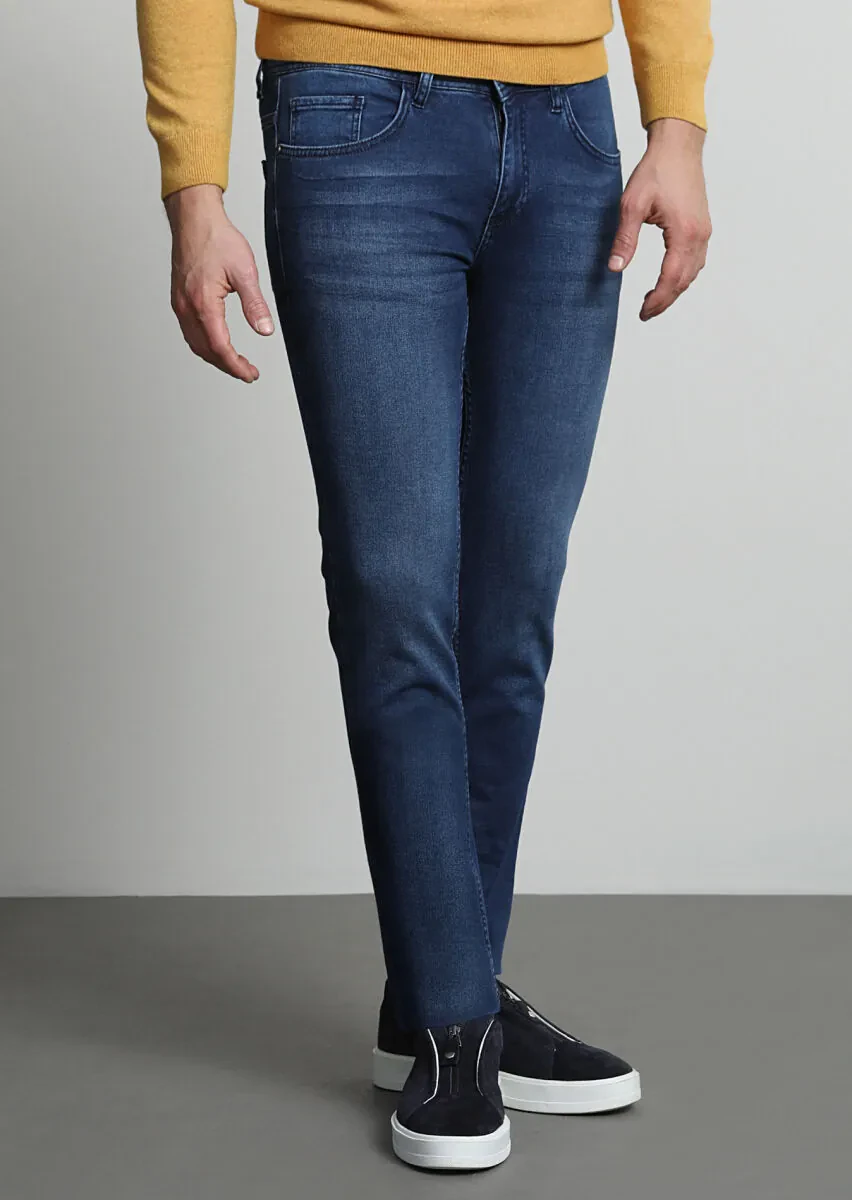 İndigo Düz Slim Fit Denim Pamuk Karışımlı Pantolon - 2