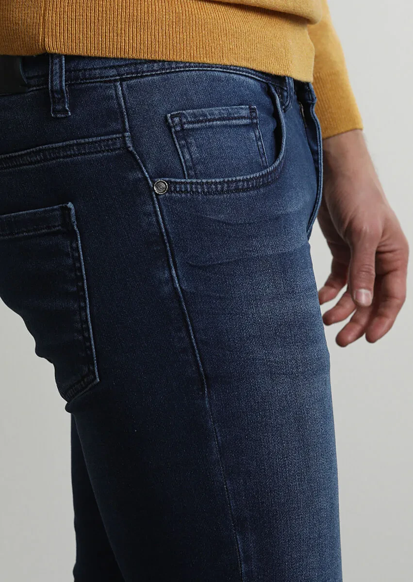 İndigo Düz Slim Fit Denim Pamuk Karışımlı Pantolon - 3