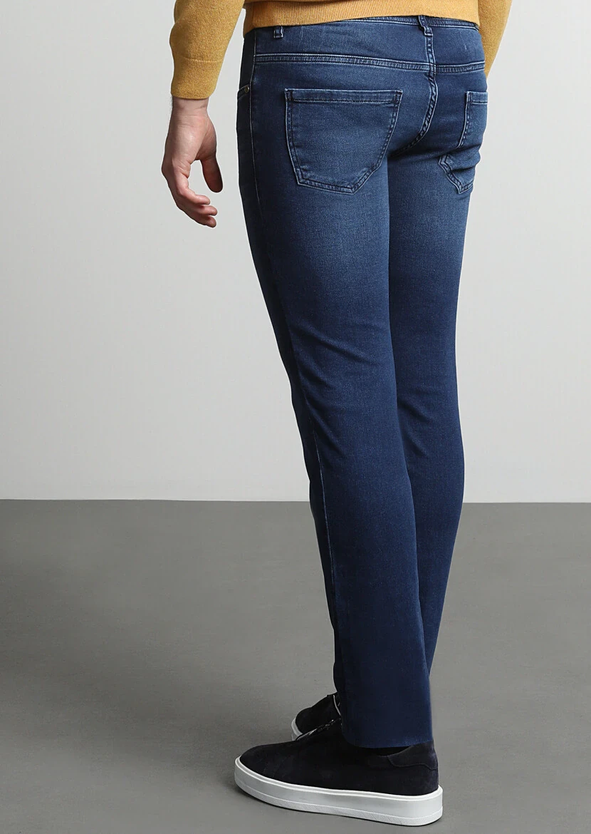 İndigo Düz Slim Fit Denim Pamuk Karışımlı Pantolon - 4
