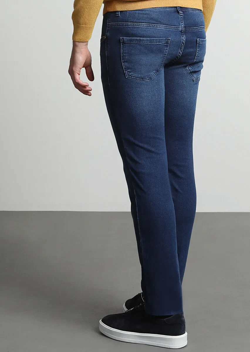 İndigo Düz Slim Fit Denim Pamuk Karışımlı Pantolon - 4