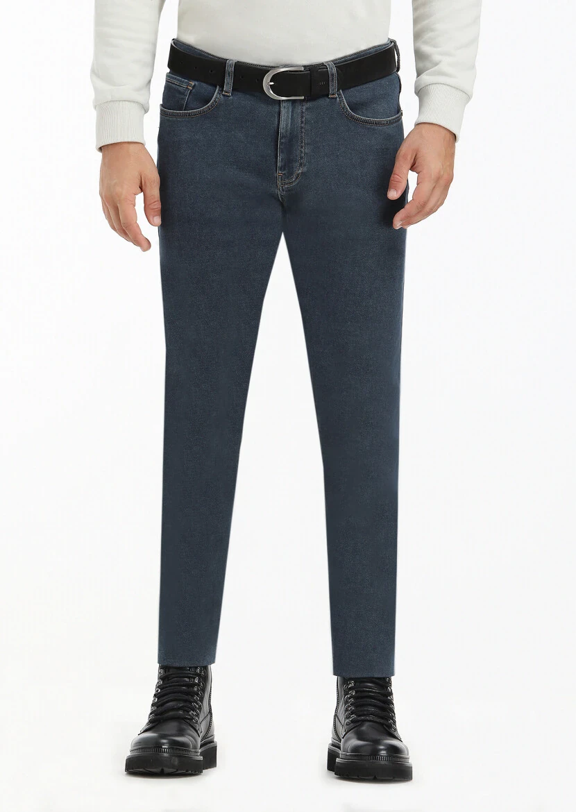 İndigo Düz Slim Fit Denim Pamuk Karışımlı Pantolon - 1