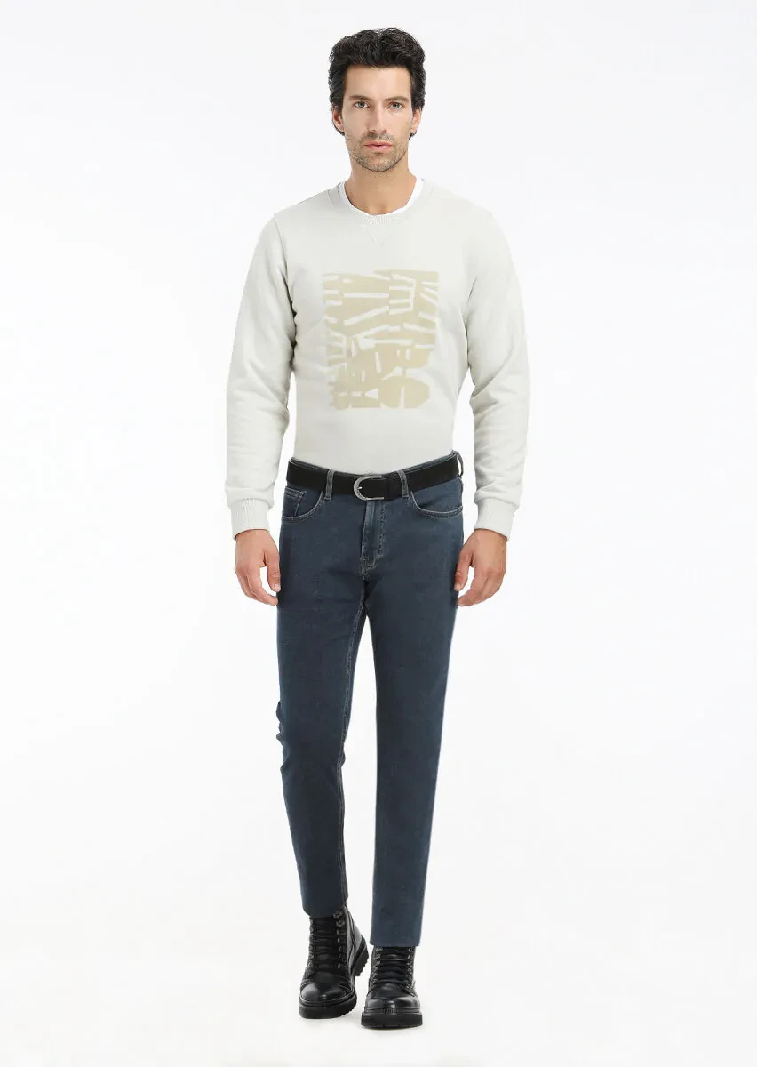 İndigo Düz Slim Fit Denim Pamuk Karışımlı Pantolon - 2