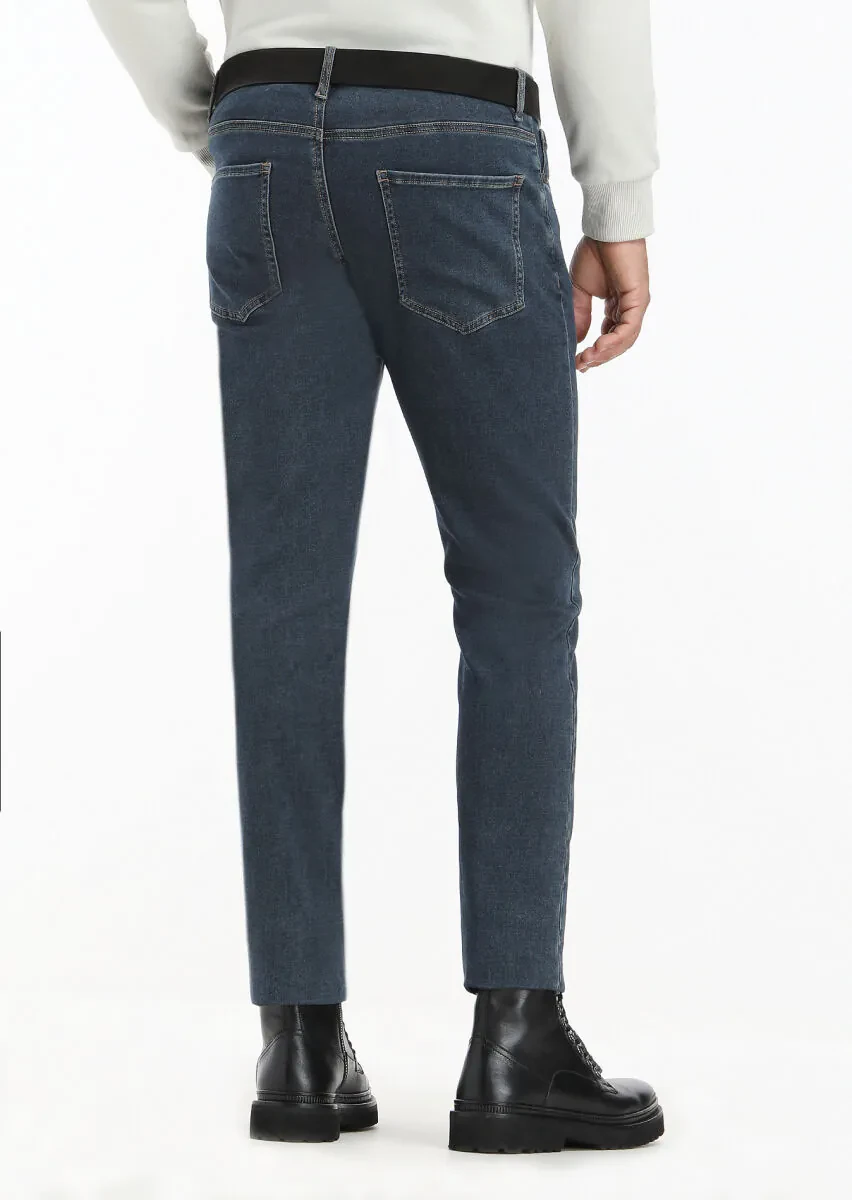 İndigo Düz Slim Fit Denim Pamuk Karışımlı Pantolon - 4
