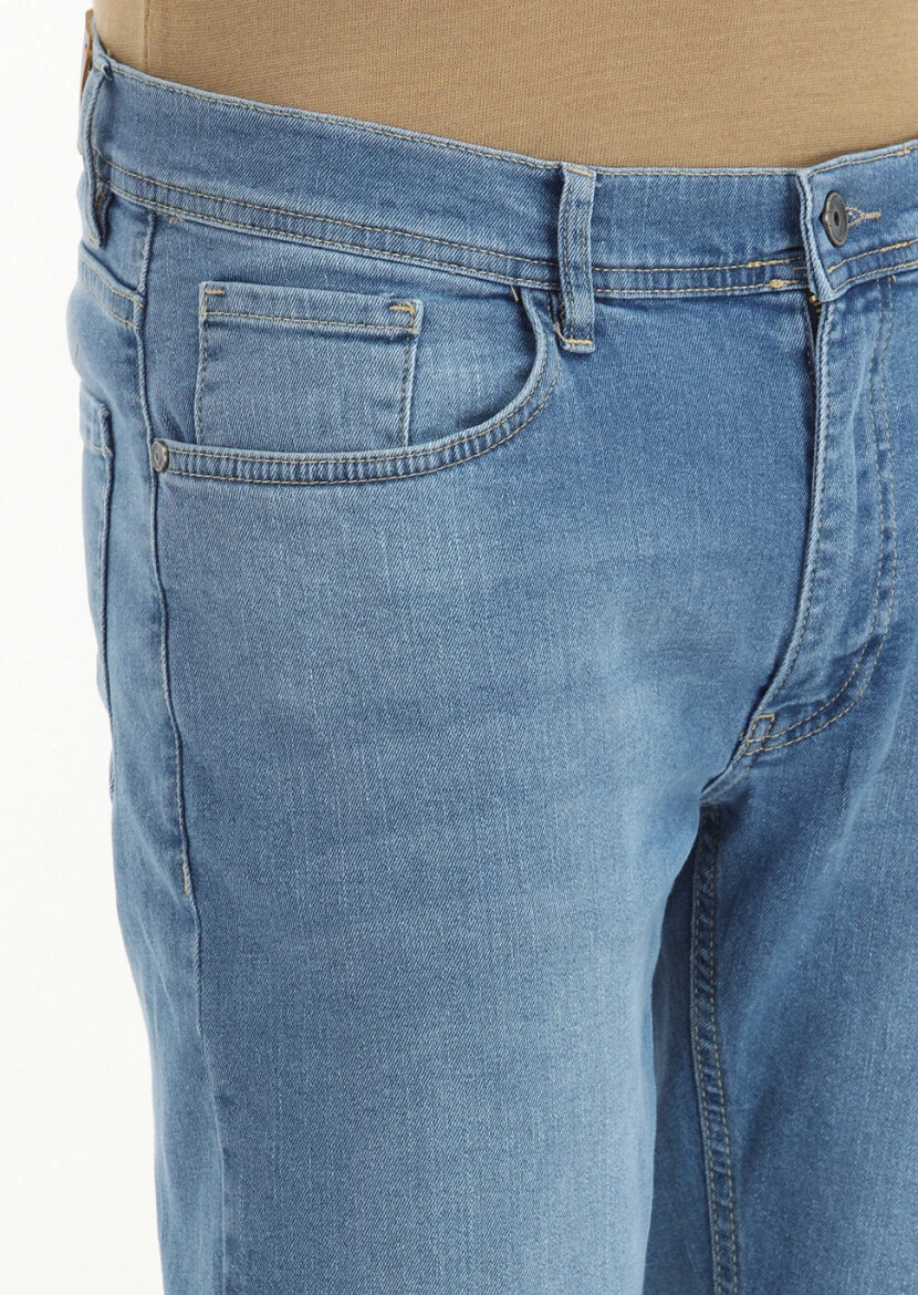 İndigo Düz Slim Fit Denim Pamuk Karışımlı Pantolon - 3