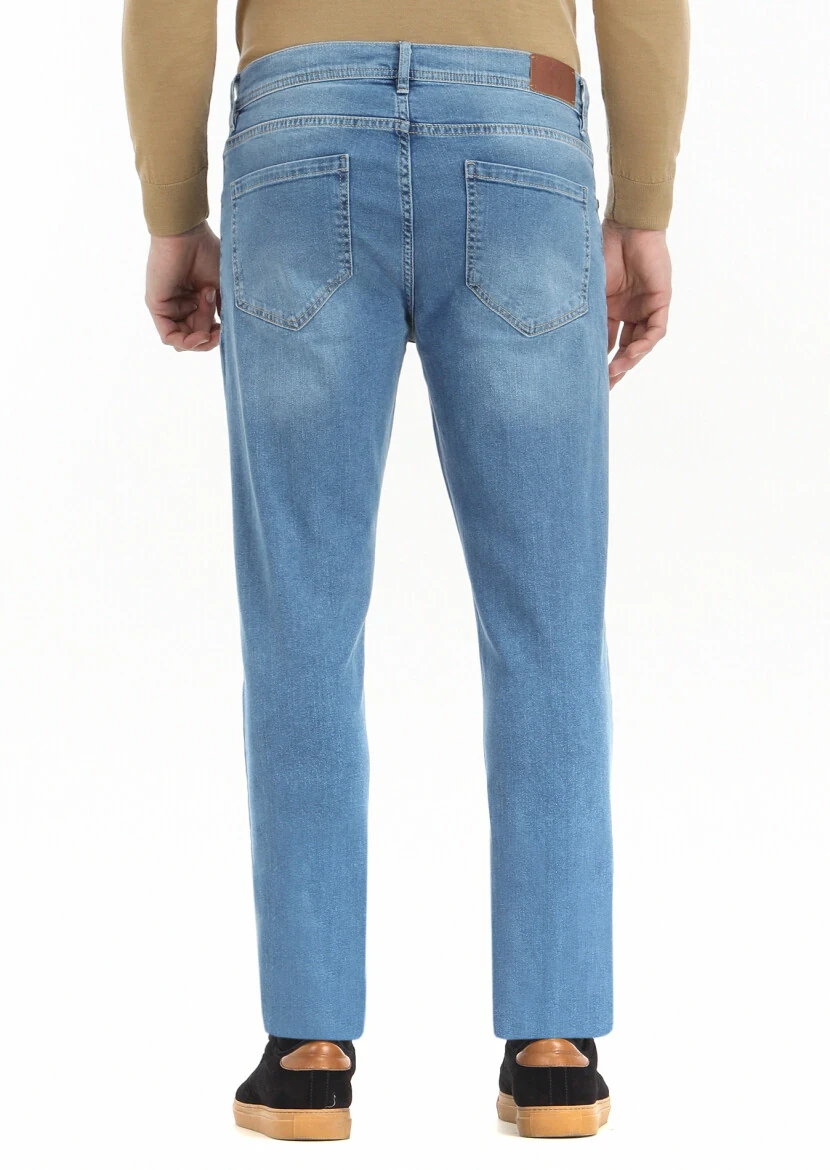 İndigo Düz Slim Fit Denim Pamuk Karışımlı Pantolon - 4