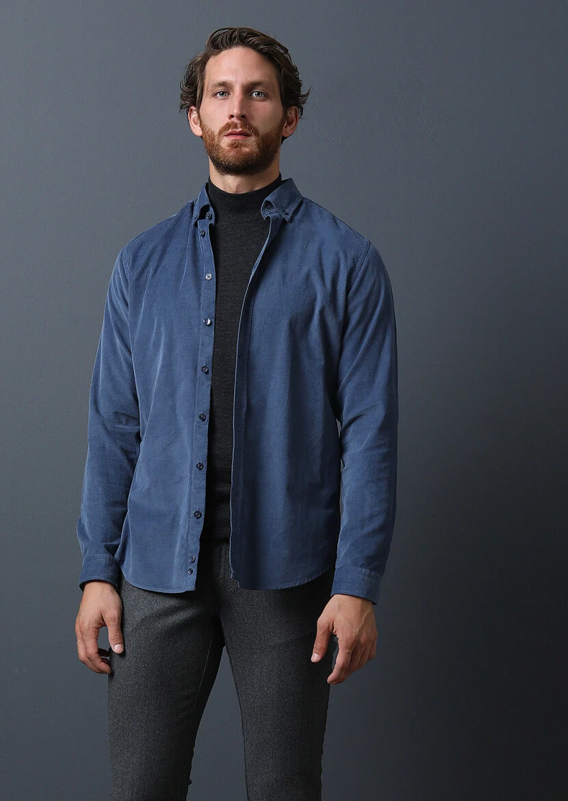 İndigo Fitilli Regular Fit Dokuma Kadife Casual %100 Pamuk Gömlek - 3