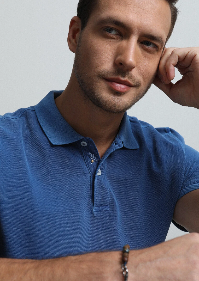 Indigo Jacquard Polo Neck 100% Cotton T-Shirt - 1