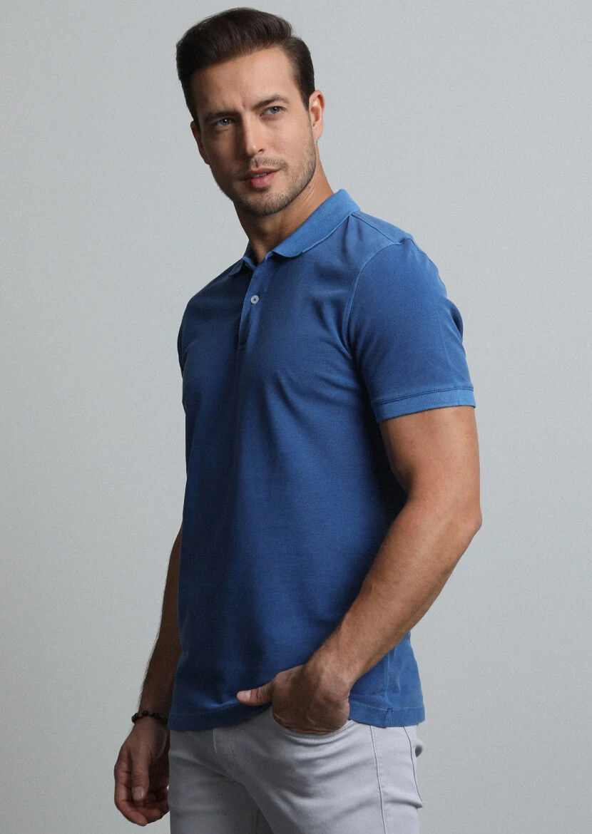 Indigo Jacquard Polo Neck 100% Cotton T-Shirt - 3