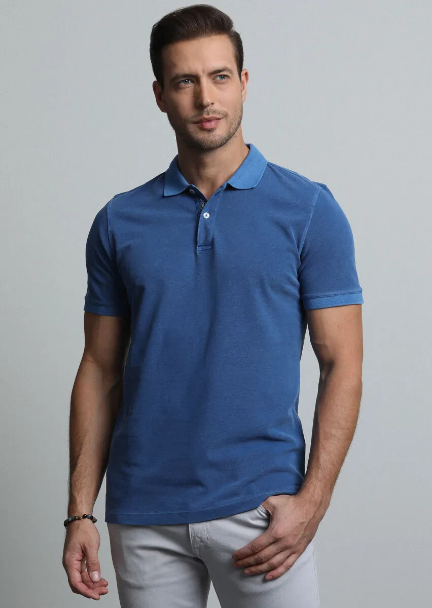 Indigo Jacquard Polo Neck 100% Cotton T-Shirt - 4