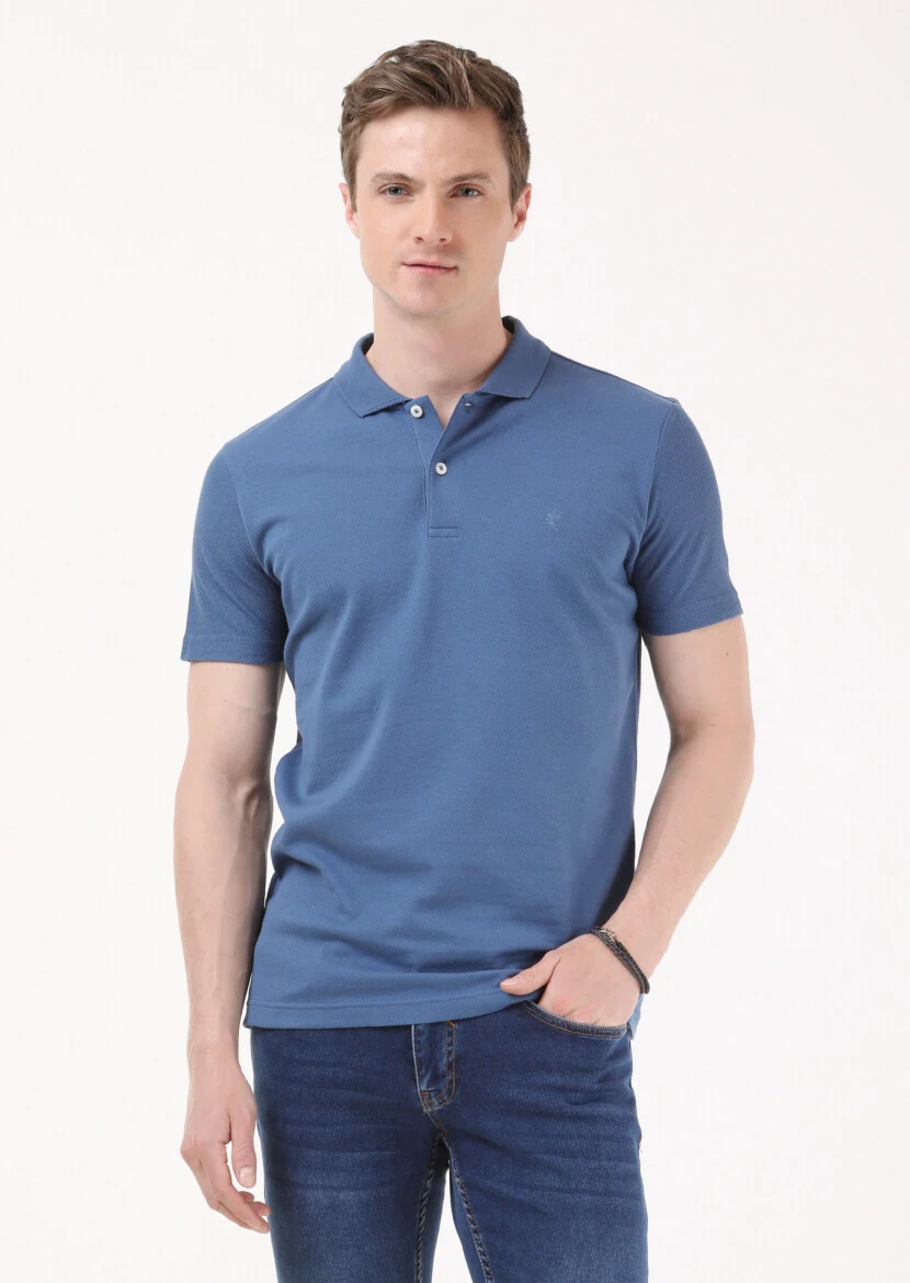 Indigo Jacquard Polo Neck 100% Cotton T-Shirt - 1