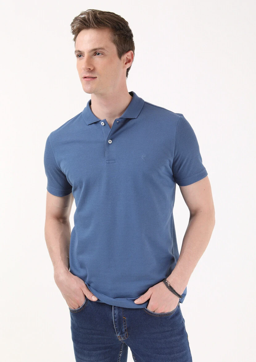 Indigo Jacquard Polo Neck 100% Cotton T-Shirt - 2