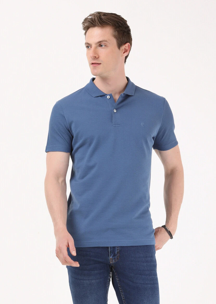 Indigo Jacquard Polo Neck 100% Cotton T-Shirt - 3