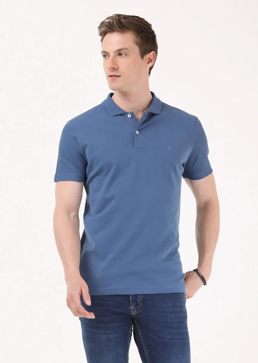 Indigo Jacquard Polo Neck 100% Cotton T-Shirt - 3