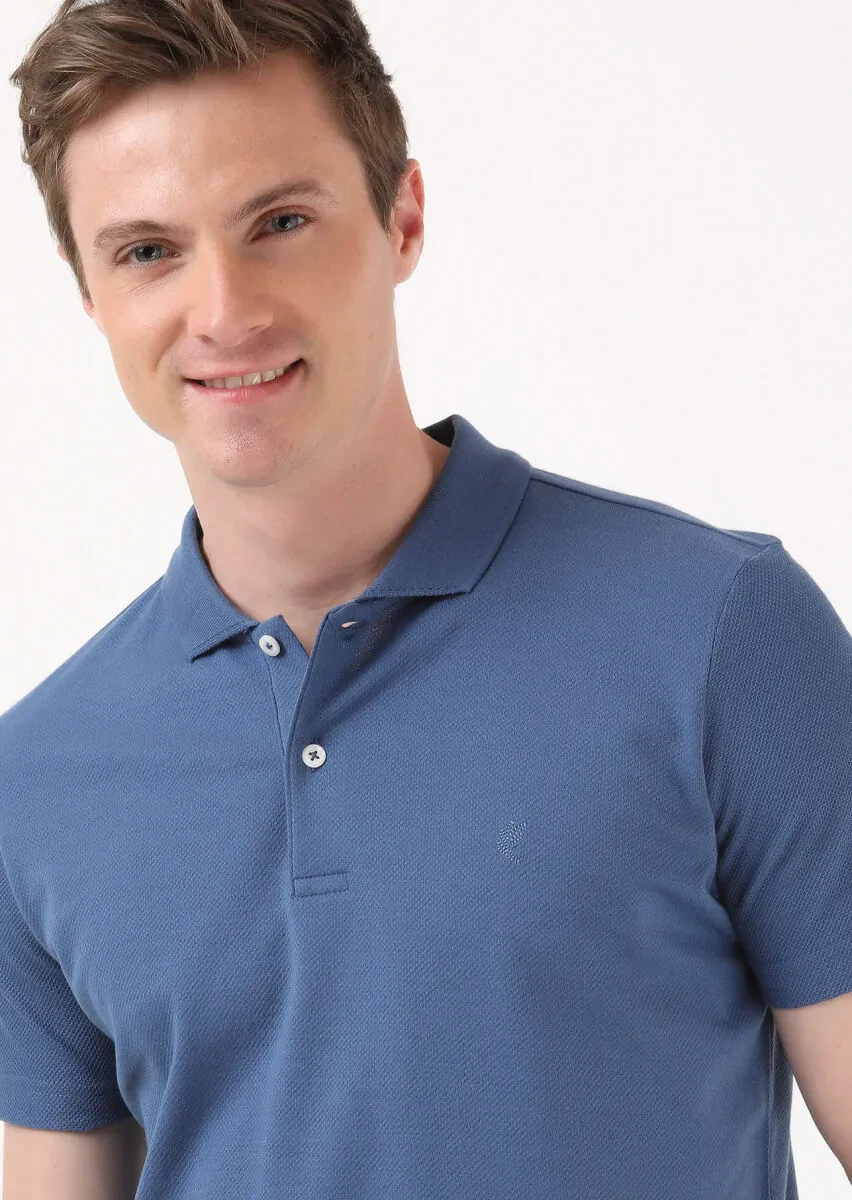 Indigo Jacquard Polo Neck 100% Cotton T-Shirt - 4