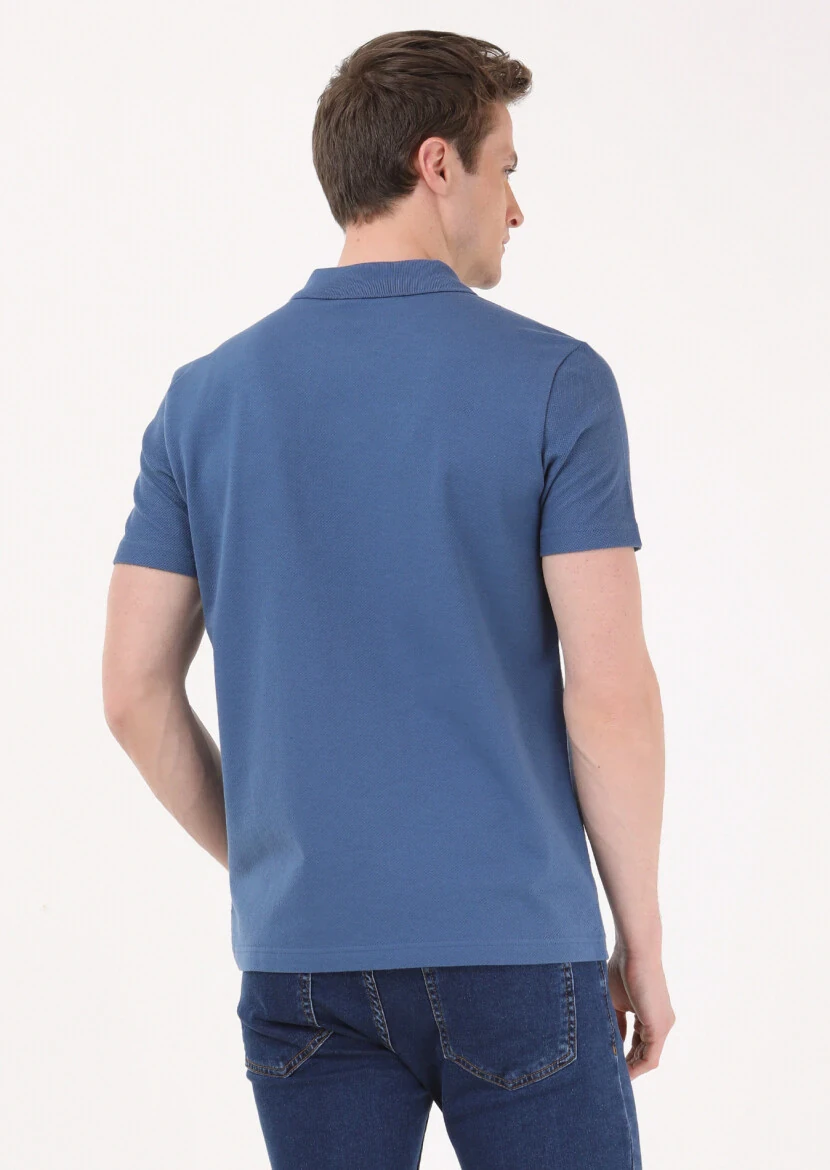 Indigo Jacquard Polo Neck 100% Cotton T-Shirt - 5