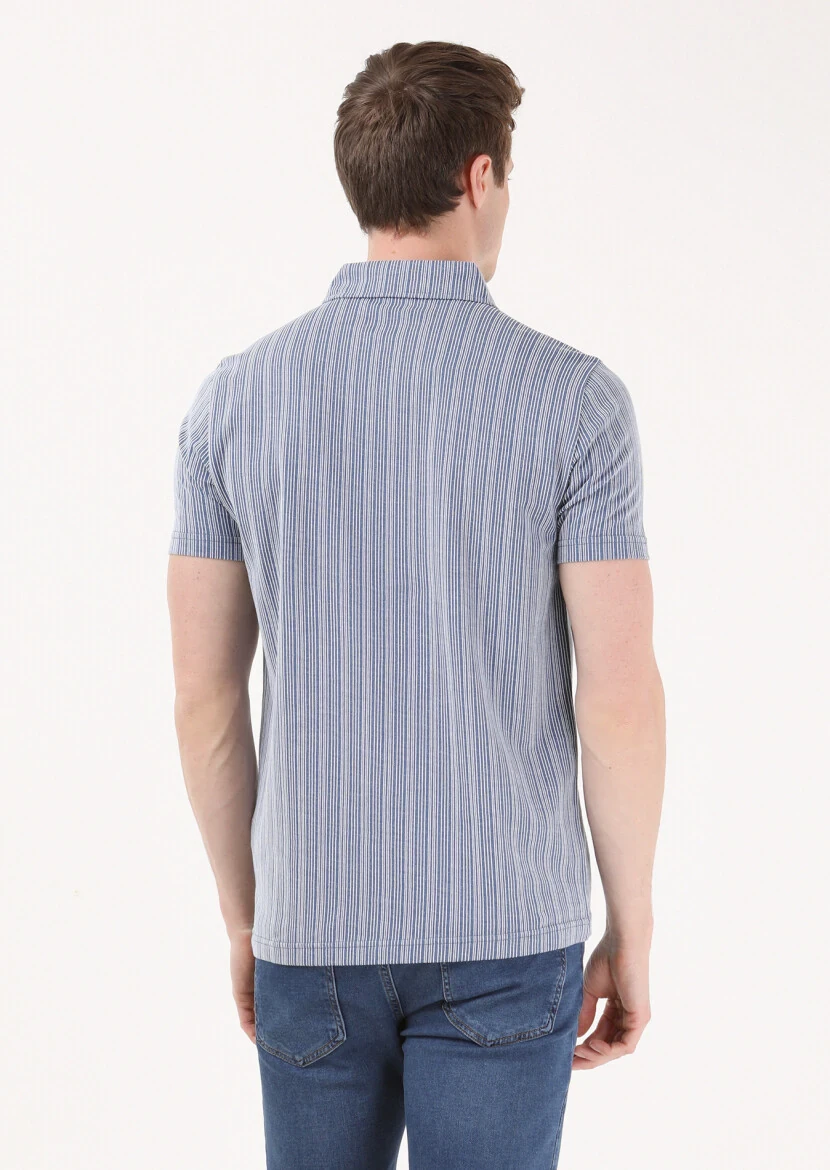 Indigo Jacquard Polo Neck 100% Cotton T-Shirt - 5
