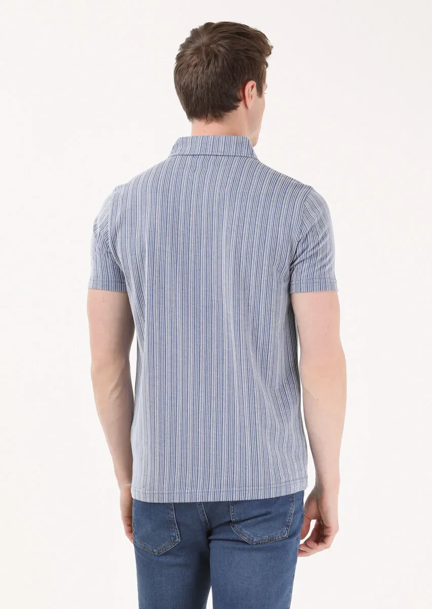 Indigo Jacquard Polo Neck 100% Cotton T-Shirt - 5