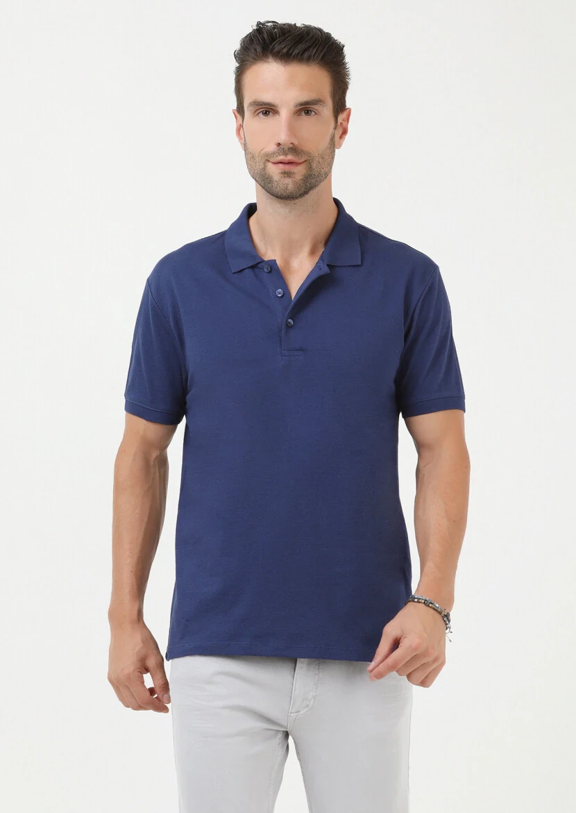 Indigo Jacquard Polo Neck 100% Cotton T-Shirt - 1