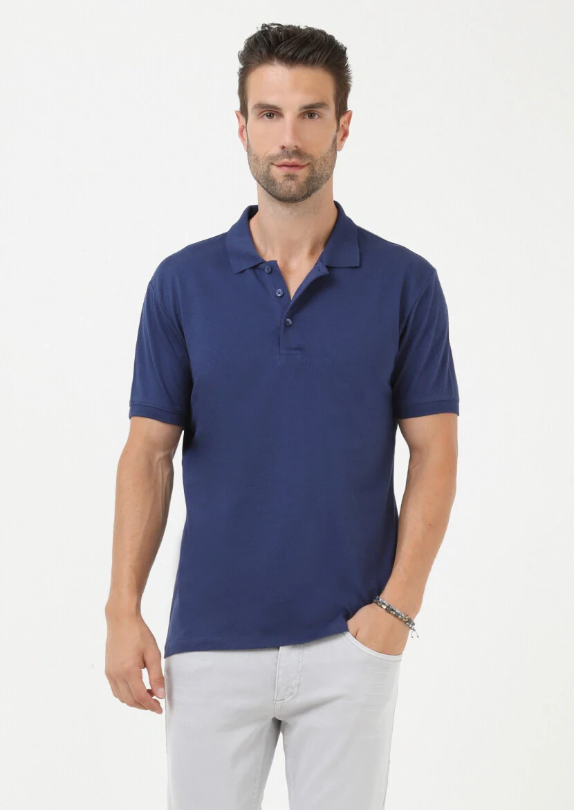 Indigo Jacquard Polo Neck 100% Cotton T-Shirt - 3